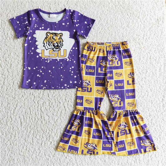 GSPO0210 Girls LSU Tigers Purple Short Sleeve Pant Suit
