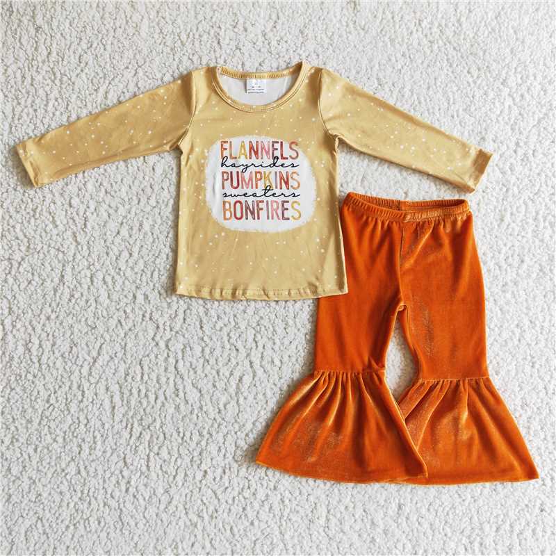 GLP0222Long sleeves bleached shirt velvet pants girls pumpkin clothing