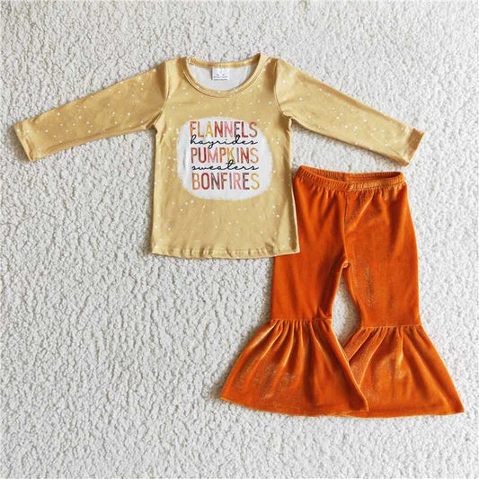 GLP0222Long sleeves bleached shirt velvet pants girls pumpkin clothing