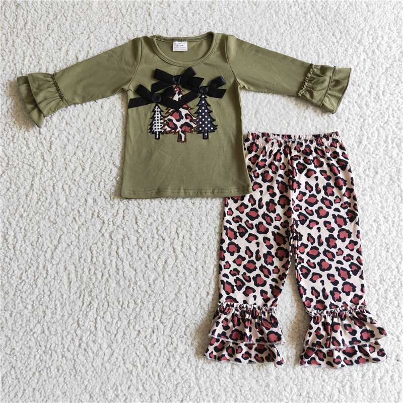 GLP0231 Girls' green long-sleeved leopard print trouser suit with embroidered Christmas tree