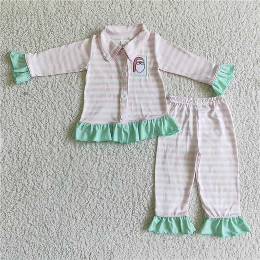 GLP0134 Girls Embroidered Christmas Pink Striped Long Sleeve Pants Set
