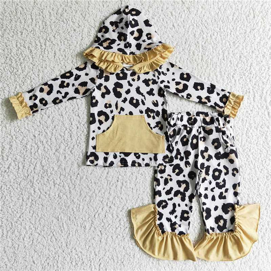 GLP0299 Girls' grey leopard print pocket hooded long-sleeved trousers set
