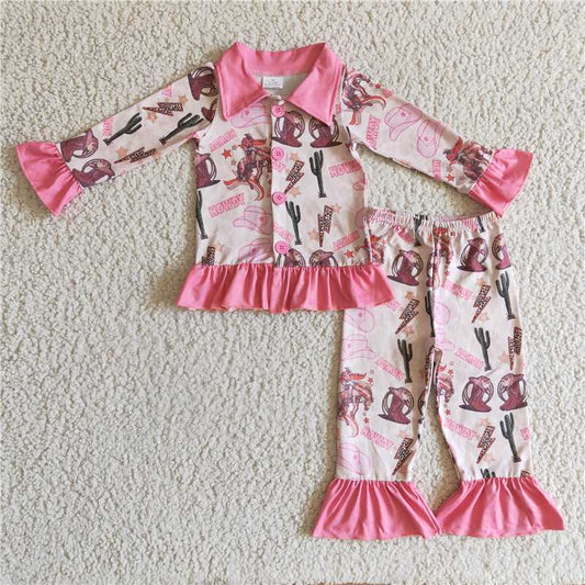 GLP0279Pink howdy cactus boots hat girls western pajamas