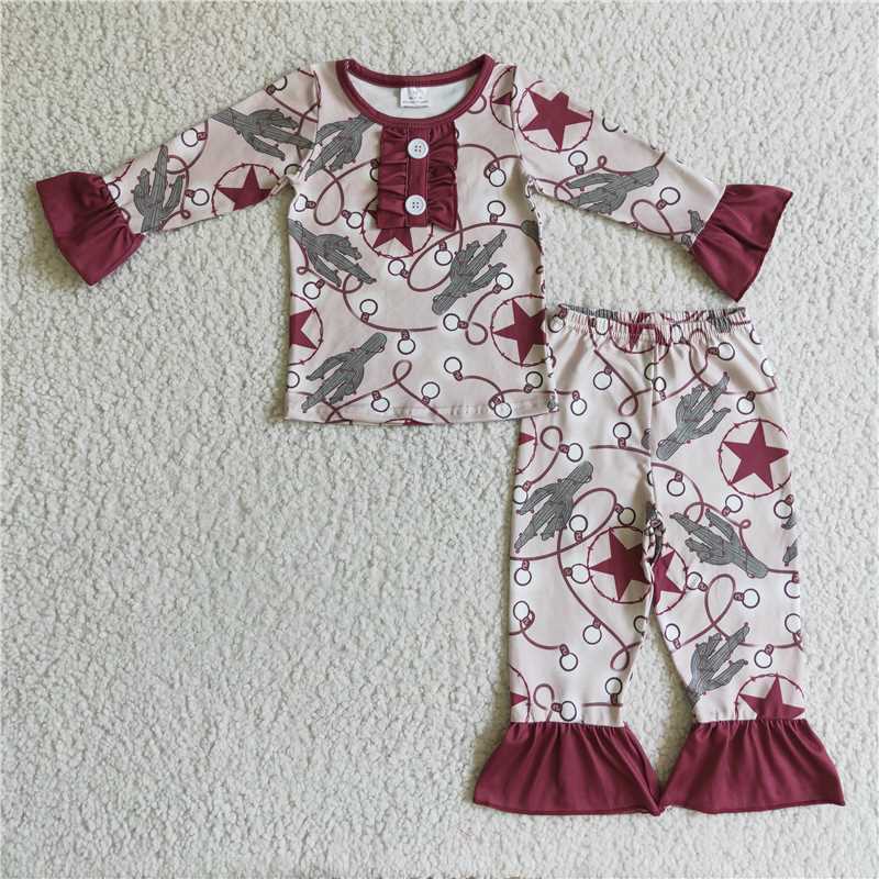 GLP0292Cactus Christmas lights stars kids girls western Christmas pajamas