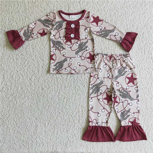 GLP0292Cactus Christmas lights stars kids girls western Christmas pajamas