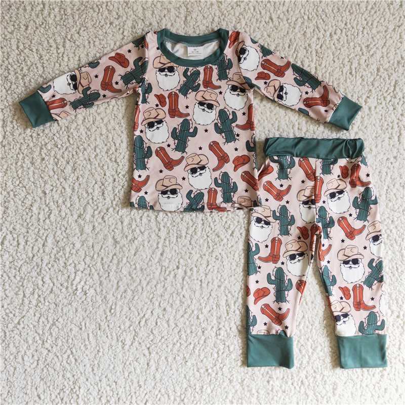 BLP0115Santa cactus boots kids boy Christmas western pajamas