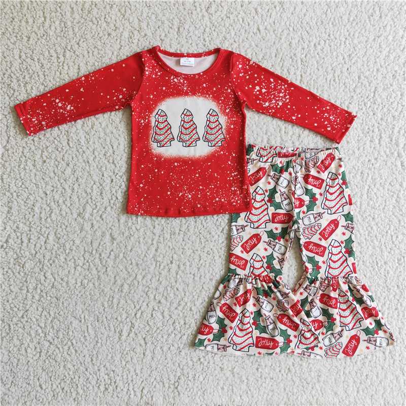 GLP0272 Girls Christmas tree red long-sleeved trousers suit