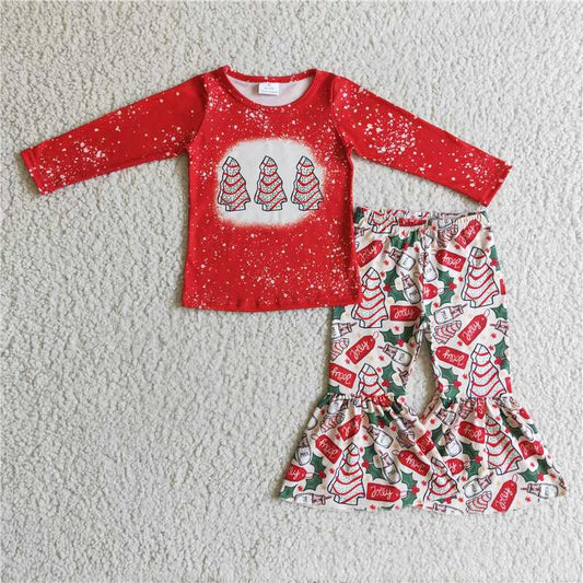 GLP0272 Girls Christmas tree red long-sleeved trousers suit