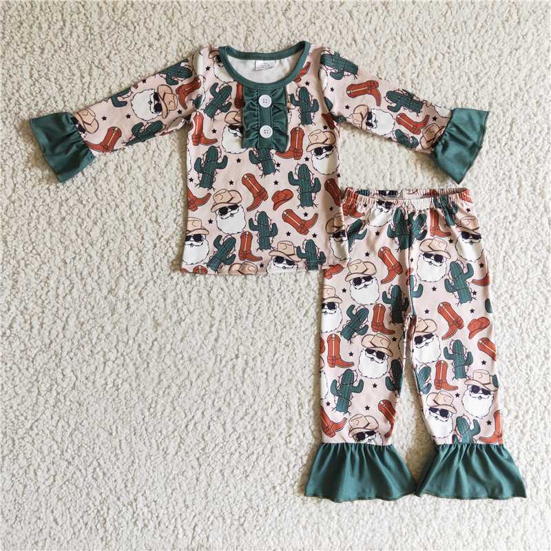 GLP0291 Girls Western Cowboy Christmas Cactus Old Man Long Sleeve Pants Set