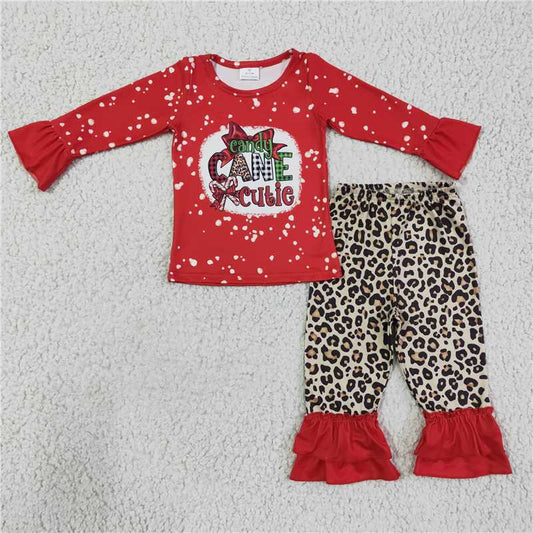 GLP0329 Girls candy CANE cutie red long-sleeved leopard print trousers suit