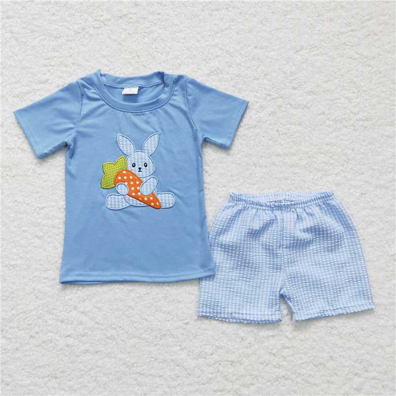 BSSO0087RTS NO MOQ Baby Boys Summer Boys Outfits  Embroidery  Baby Boys Easter rabbit shorts sets clothes sets