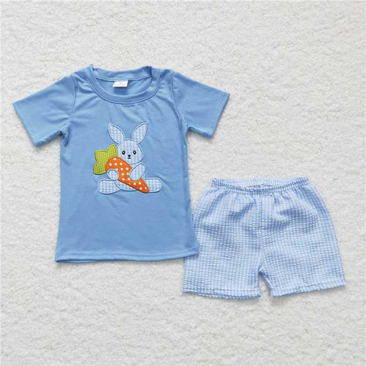 BSSO0087RTS NO MOQ Baby Boys Summer Boys Outfits  Embroidery  Baby Boys Easter rabbit shorts sets clothes sets