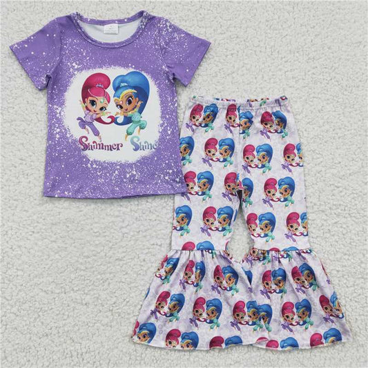 GSPO0331 Girls shimmer shine purple short-sleeved trousers suit
