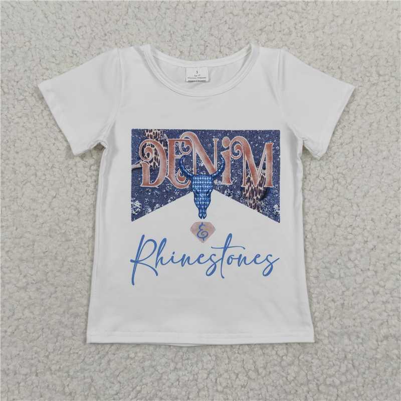 GT0133  Baby Girls Denim Rhinestone short Sleeve Shirts Tops