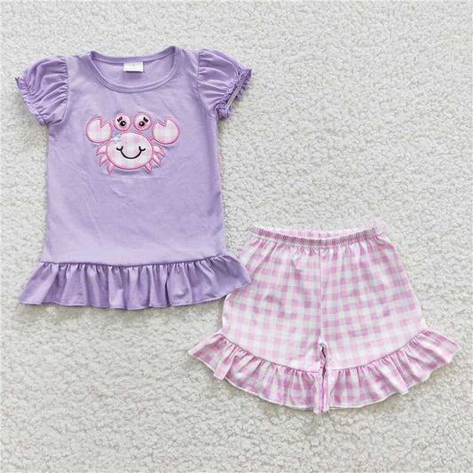 GSSO0135Crab shirt plaid ruffle shorts girls summer clothes
