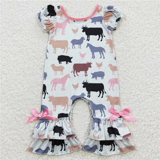 SR0328  Baby Girls Animal Farm Short Sleeve Rompers
