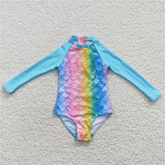 S0075  Baby Girls Mermaid Scales Long Sleeve One Pieces Swimsuits