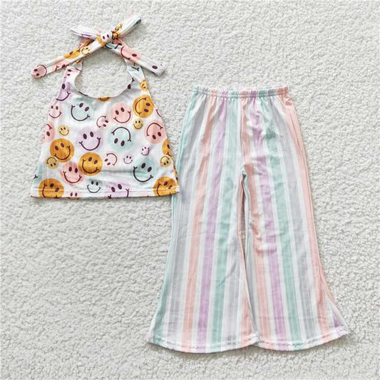 GSPO0580 Girls' smiley halter neck colorful striped trouser suit