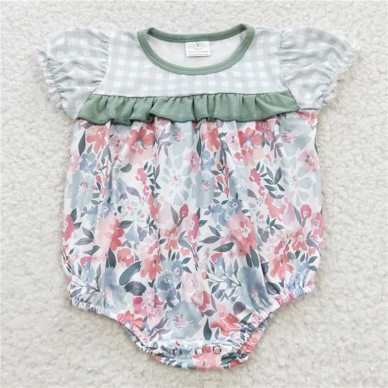 SR0345  Baby Girls Green Floral Plaid Short Sleeve Summer rompers