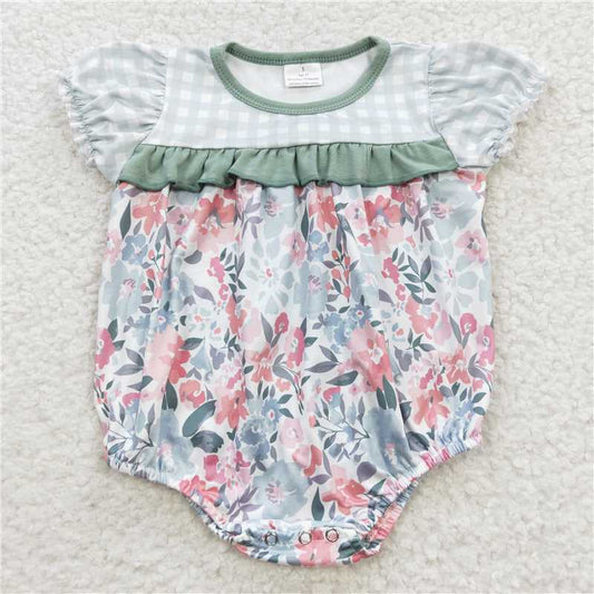 SR0345  Baby Girls Green Floral Plaid Short Sleeve Summer rompers