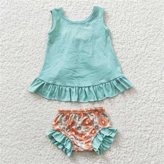 GBO0121  Baby Girls Blue Bow Tunic Floral Bummie Sets