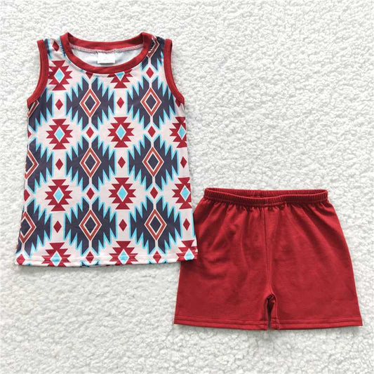 BSSO0215 Baby Boys Western Aztec Sleeveless Tee Shirts Shorts Sets