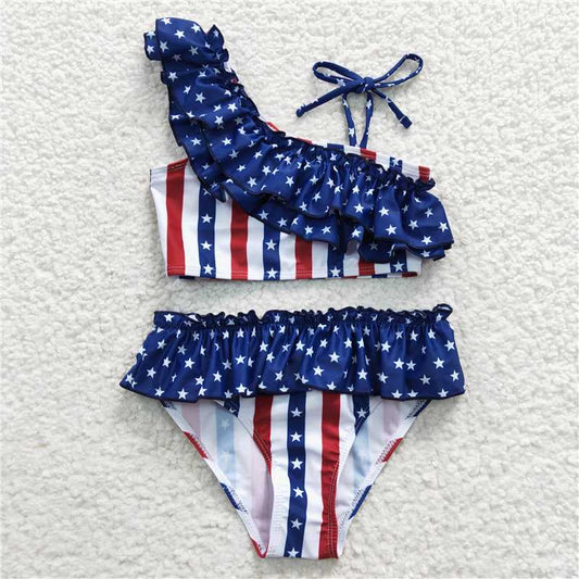 S0042  Baby Girls 2pcs 4th of July Ruffle Swimsuits