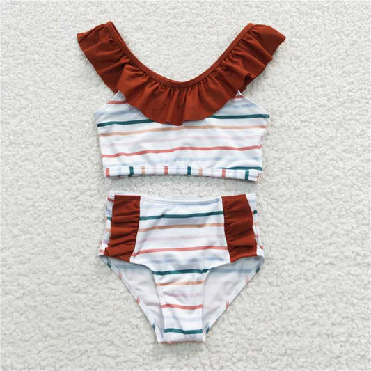 S0082  Baby Girls Stripe Ruffle Two Pieces Swimsuits