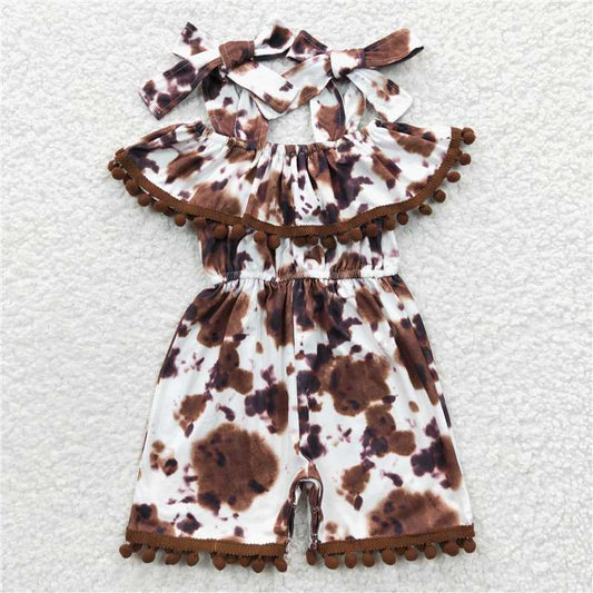 SR0307  Baby Girls Cowprint Summer Pompom Jumpsuits
