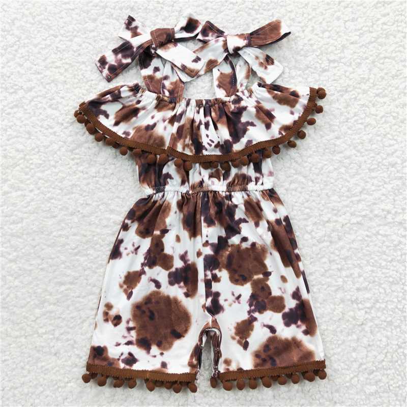 SR0307	 Baby Girls Cowprint Summer Pompom Jumpsuits