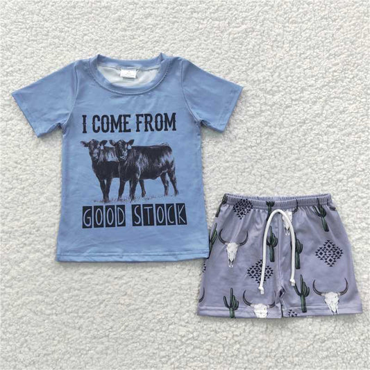 BSSO0240  Baby Boys Blue Cactus Western Cow Shorts Sets