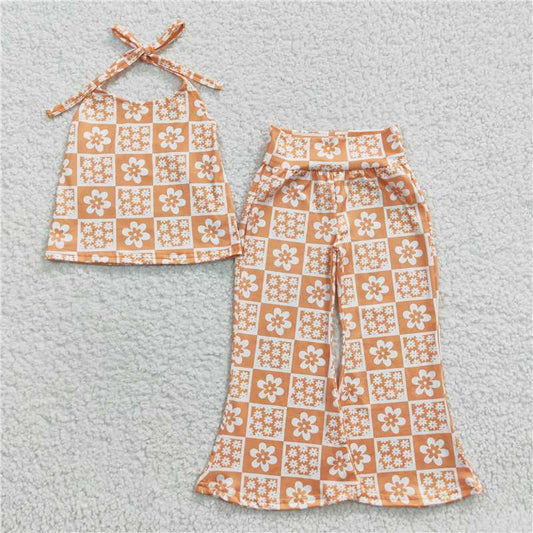 GSPO0519 Girls' orange plaid halterneck trouser suit