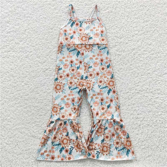 SR0309  Baby Girls Sunflowers Strap Bell Bottom Jumpsuits