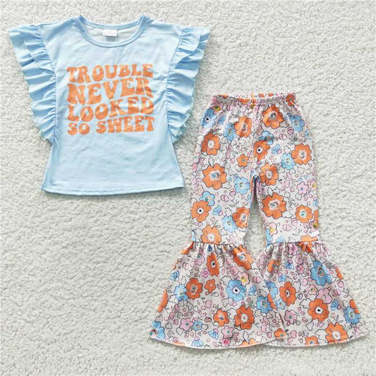 GSPO0539 Girls' TROUBLE blue flying sleeve floral trousers suit
