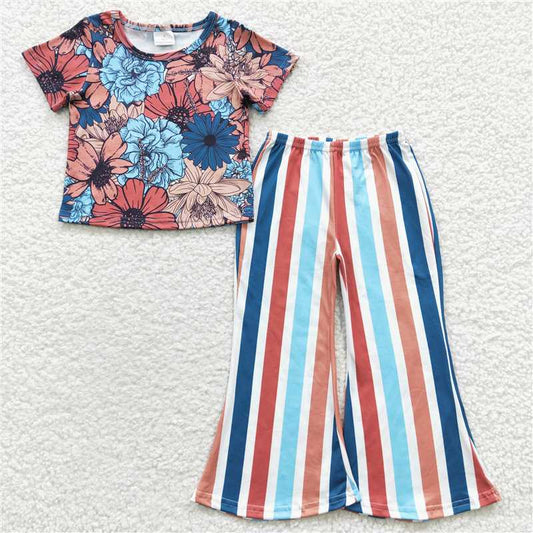 GSPO0578 Girls blue flower short-sleeved colorful striped trousers suit