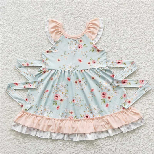 GSD0308  Baby Girls Green Floral Ruffle Knee Length Dresses