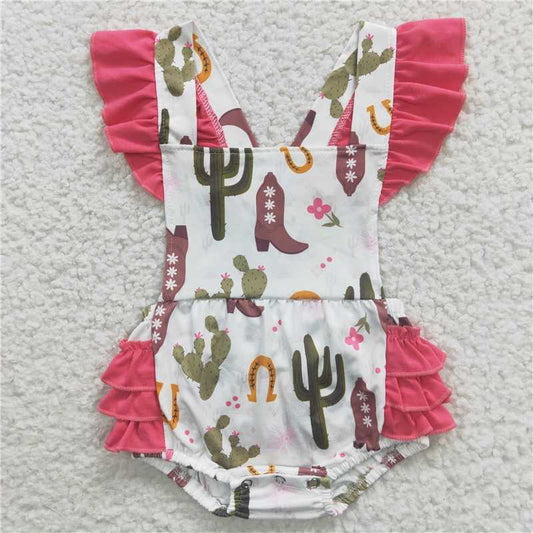 SR0384 RTS NO MOQ Baby Girls Summer Rompers Baby Girls Cactus Ruffles Western Rompers