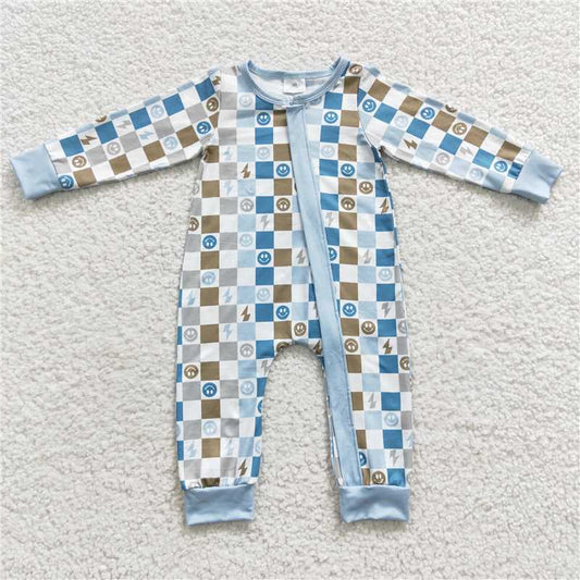 RTS LR0313 Smiley face lightning plaid blue zipper long sleeve jumpsuit