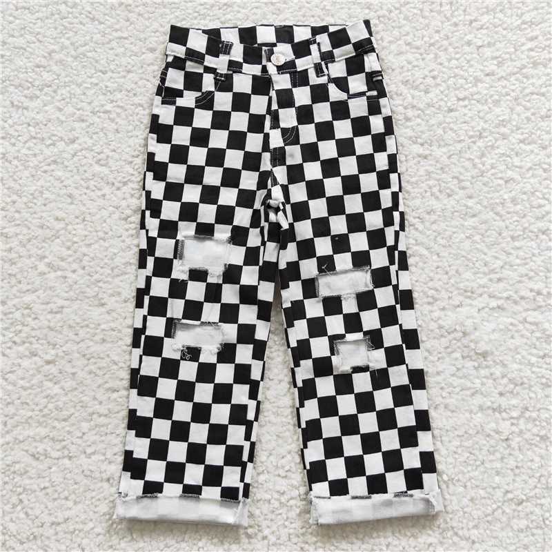 P0122  Sibling Girls Boys Checkered Denim Adjustble Waistband Jeand Pants