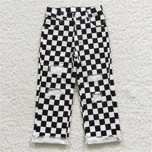 P0122  Sibling Girls Boys Checkered Denim Adjustble Waistband Jeand Pants