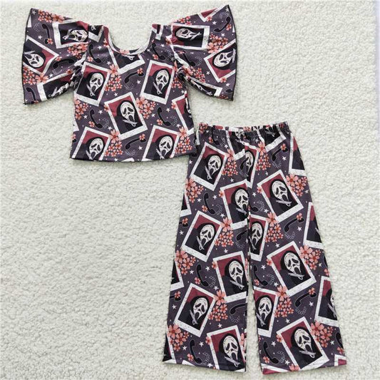 GSPO0639 Halloween ghost phone print short-sleeved trousers set