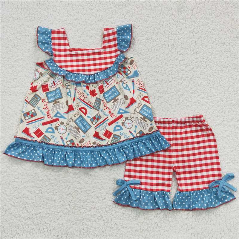 GSSO0345 Girls back to school ABC book alarm clock computer polka dot blue lace red plaid short-sleeved shorts suit