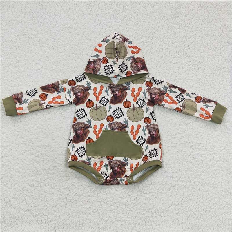 RTS LR0281 Pumpkin cow aztec green pocket hooded long sleeve jumpsuit