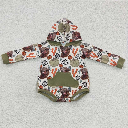 RTS LR0281 Pumpkin cow aztec green pocket hooded long sleeve jumpsuit