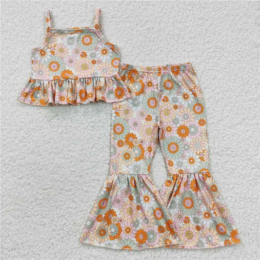 GSPO0668 Pink and green floral vest and suspender pants set