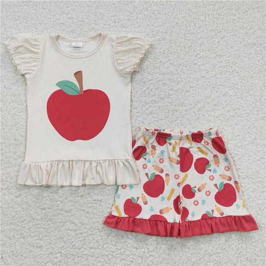 12.29 RTS NO MOQ （In stock）GSSO0359 Baby Girls Back To School Apple Shorts Clothes Sets