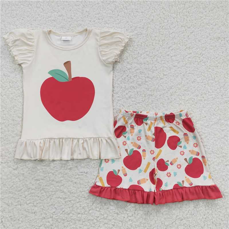 GSSO0359 Girls Back To School Apple Pattern Short Sleeve Pencil Shorts Set