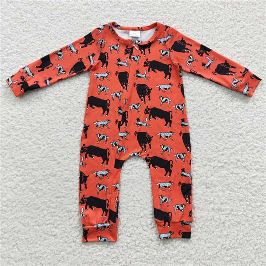 RTS LR0342 Orange-red cow and dog pattern long-sleeved zip-up jumpsuit