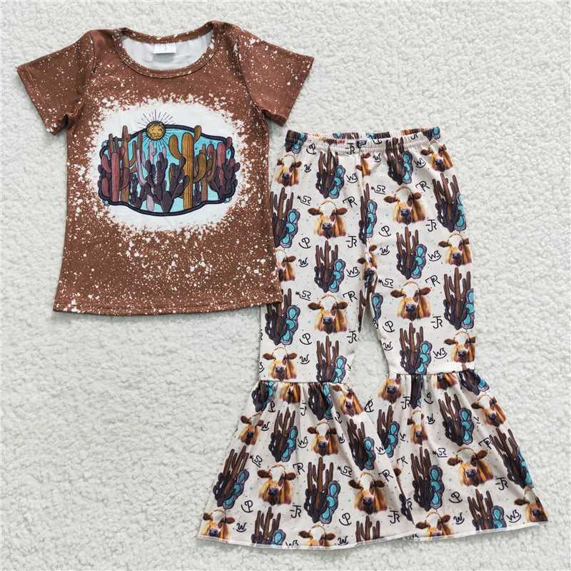 GSPO0647 Girls' Cactus Bull Head Brown Short Sleeve Long Pants Set