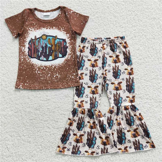 GSPO0647 Girls' Cactus Bull Head Brown Short Sleeve Long Pants Set